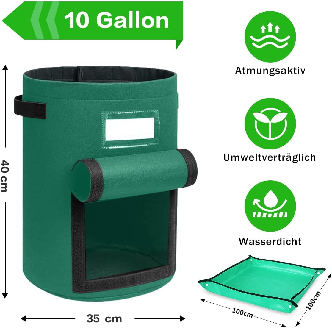 Detalle 2 de Airminti Kartoffel Pflanzsack 50L im 3er Set – Premium Vliesstoff mit Erntefenster, Pflanzmatte & verstärkten Griffen