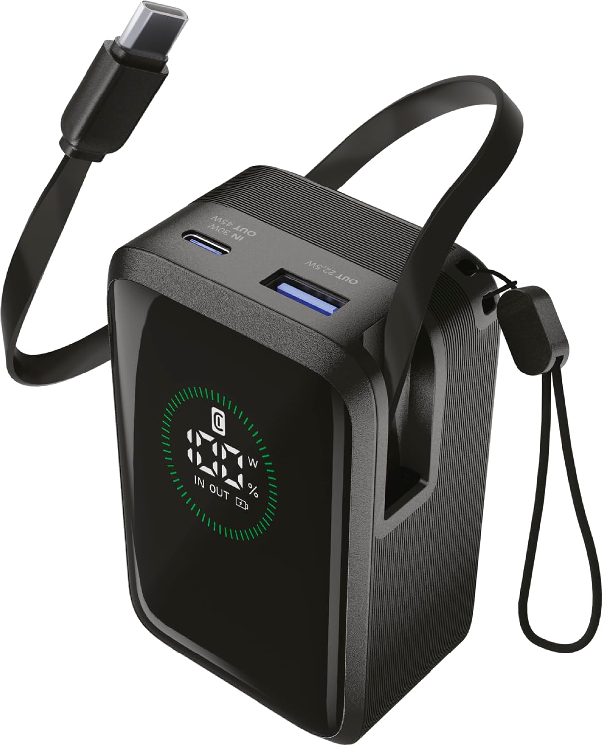 Detalle de Power bank Roller 10.000 mAh di Cellularline: ricarica ultrarapida 45 W con cavo retrattile e display LCD