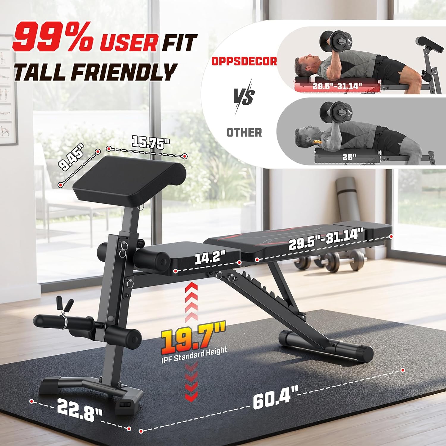 Detalle de OPPSDECOR Adjustable Weight Bench with Leg Extension and Preacher Curl Pad