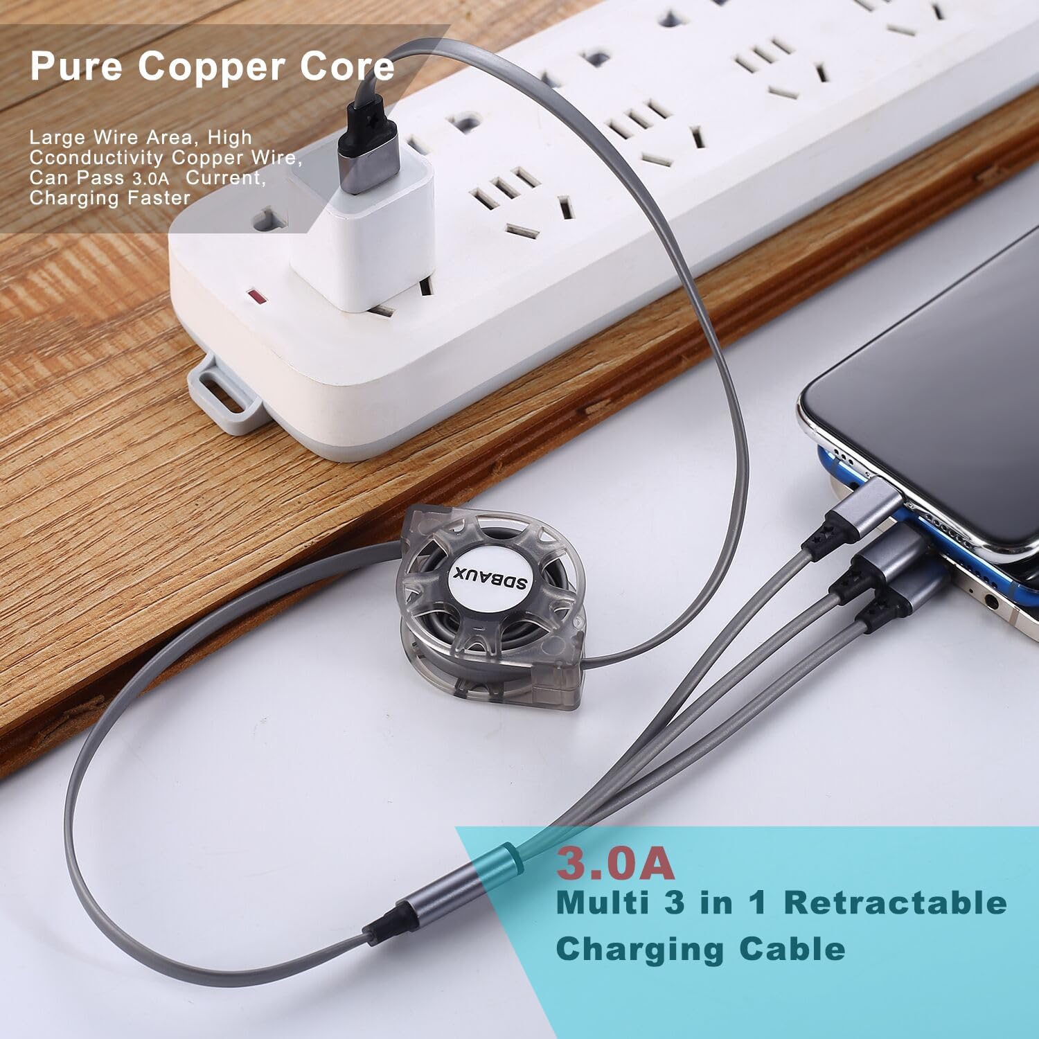 Thumbnail 2 de SDBAUX Multi Charger Cable 1m — 3‑in‑1 retractable cable