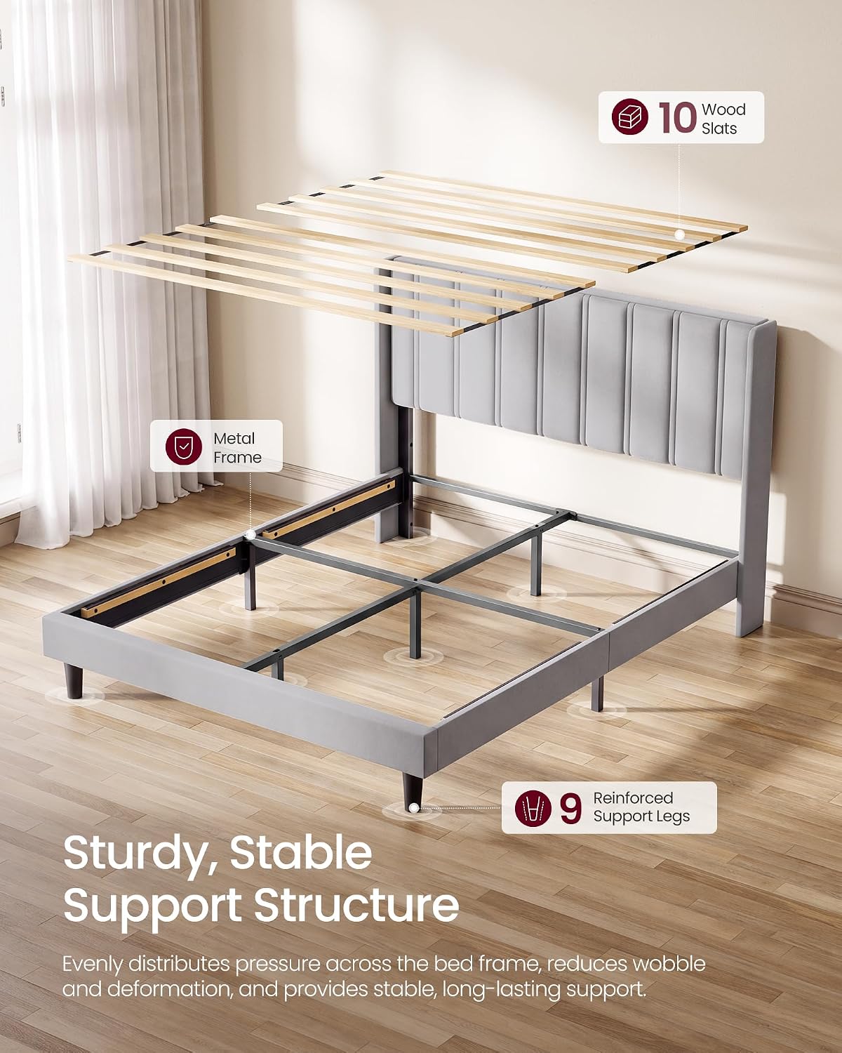 Detalle 1 de VASAGLE URMB681G101 Queen Bed Frame, Velvet Wingback Headboard, Dove Gray