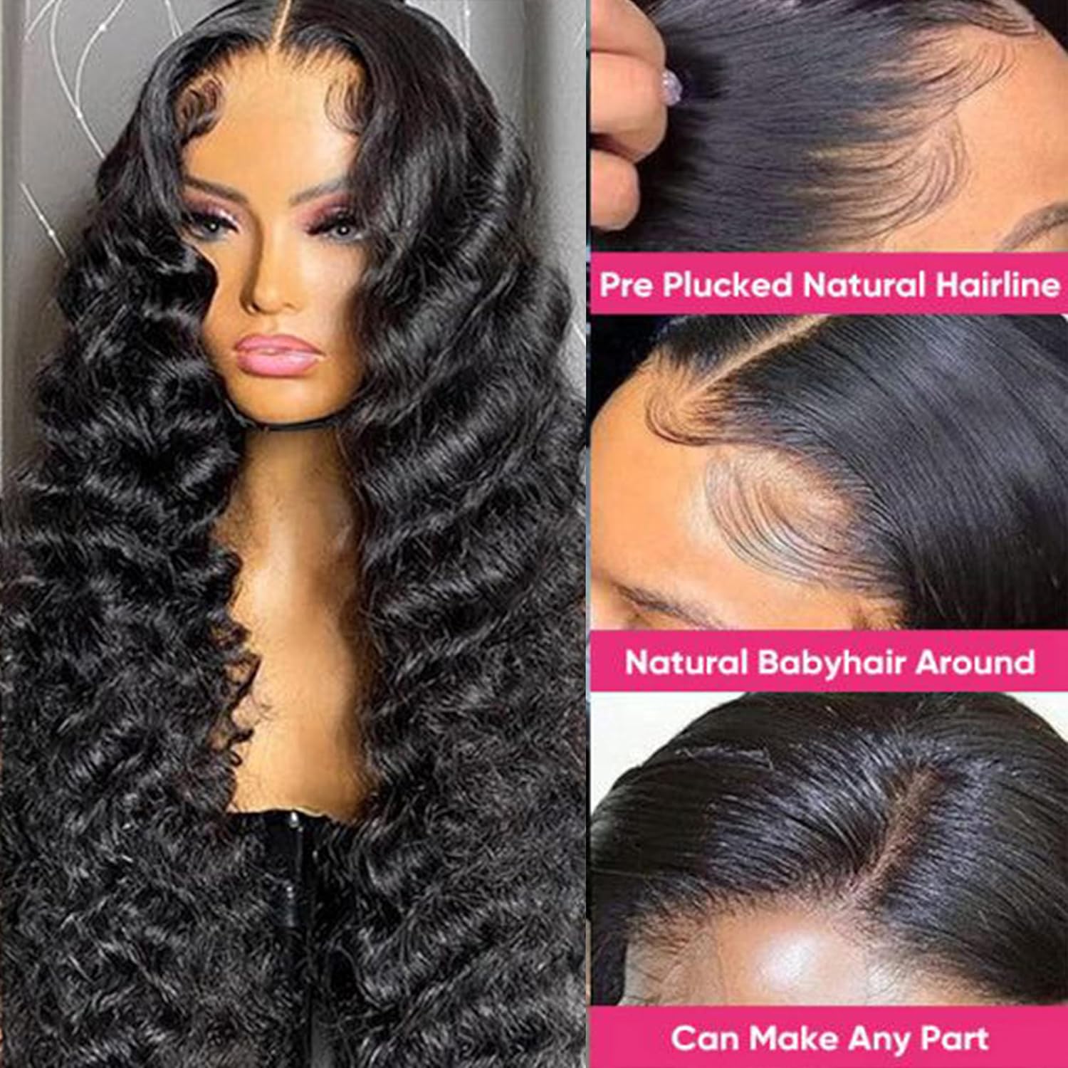 Detalle de NKTU Deep Wave Lace Front Wig 180 Density
