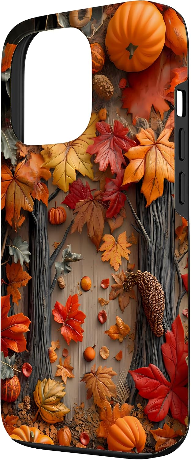 Detalle 2 de Cozy Autumn Vibes iPhone 13 Pro Case with Fall Leaves and Pumpkin Design