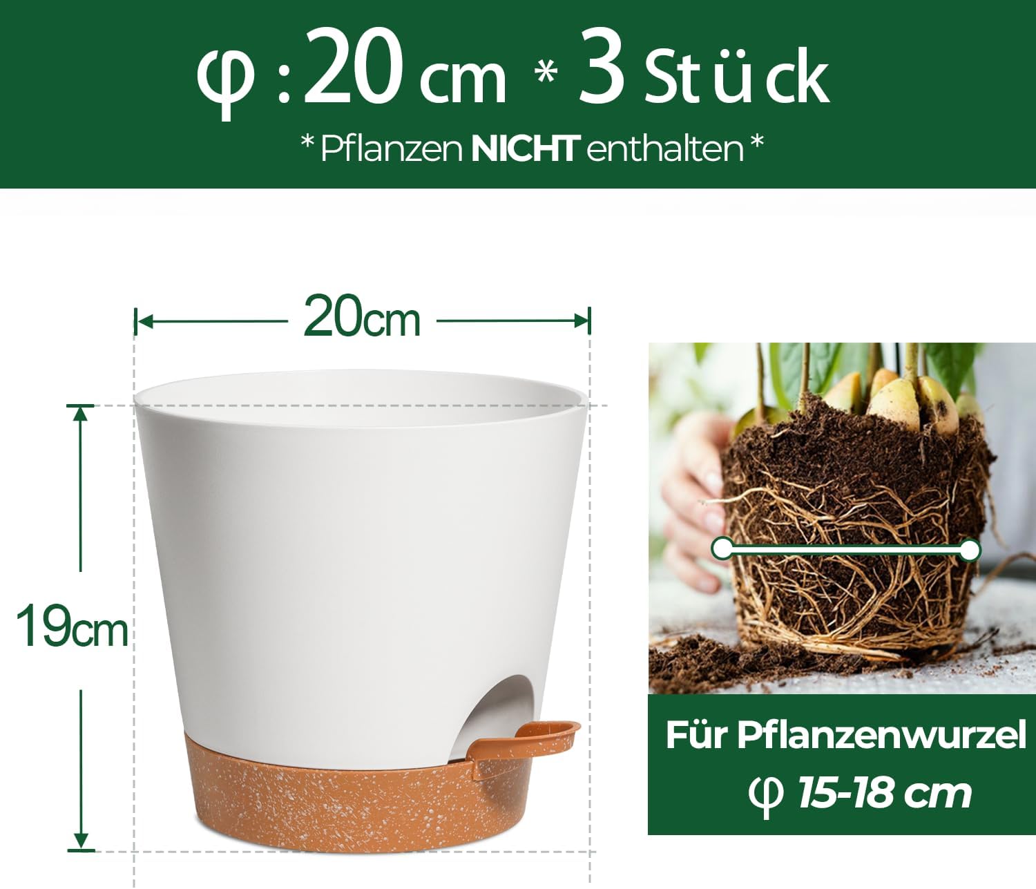 Thumbnail 1 de T4U 20cm Vasi autoirriganti Set di 3 in plastica bianca – Decorativi, da interno e outdoor