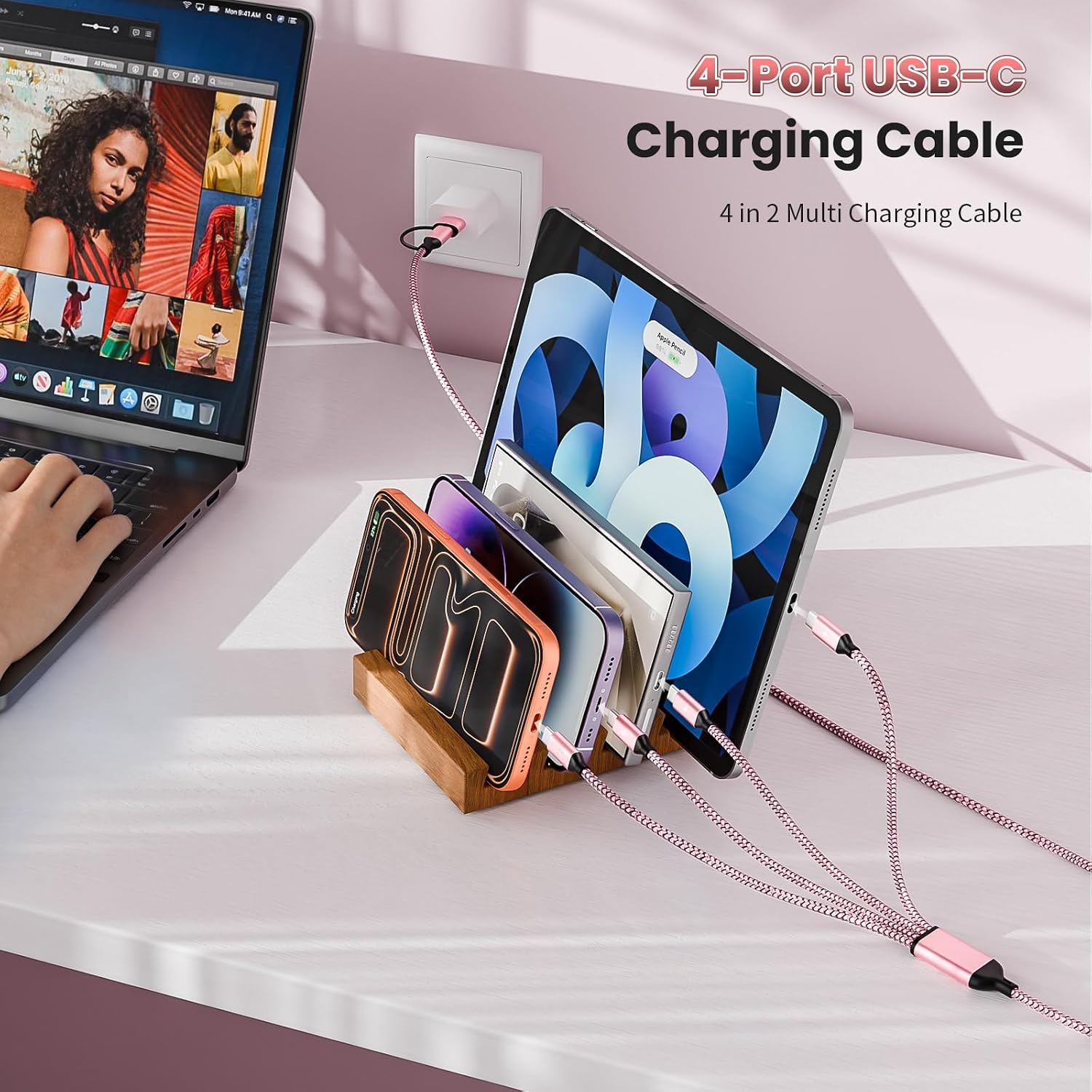 Detalle de Travel & Car USB C Cable: 4 USB-C Ports in One 5ft Multi-Charging Cable