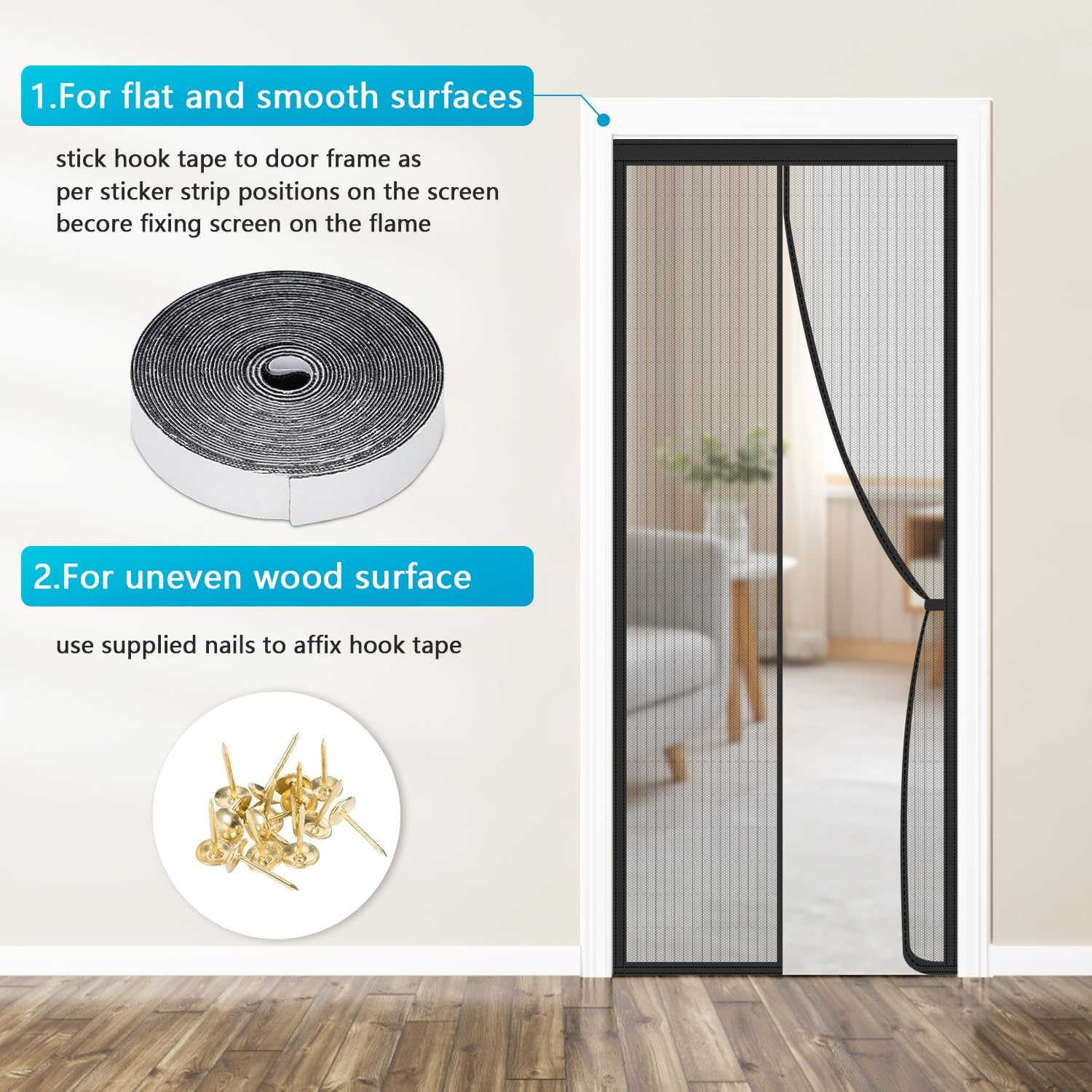 Thumbnail 3 de Magnetic Bug Mesh Door Fly Screen Curtain for Patio Doors (90 × 210cm) with Power Magnets