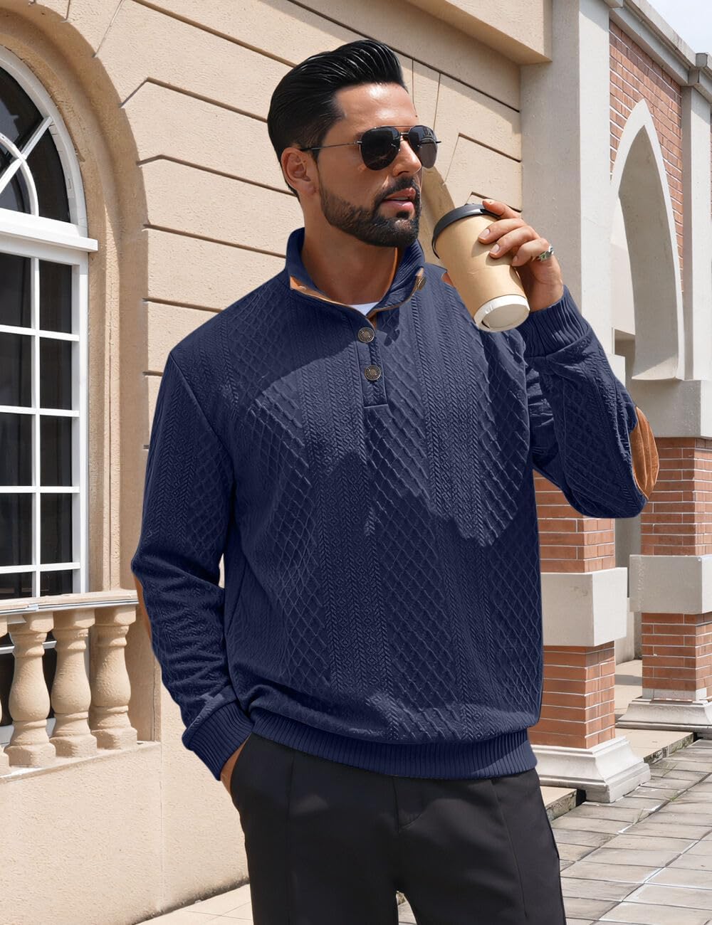 Detalle de QOSOQ Men’s Casual Sweatshirt Pullover Sweater with Stand Collar and Quarter Button