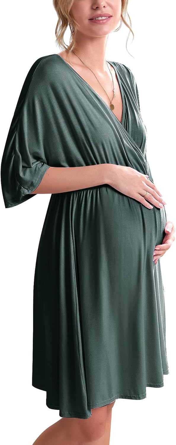 Detalle de Ekouaer AMK005435 Maternity Nursing Gown with Stretch Fabric and Split Front