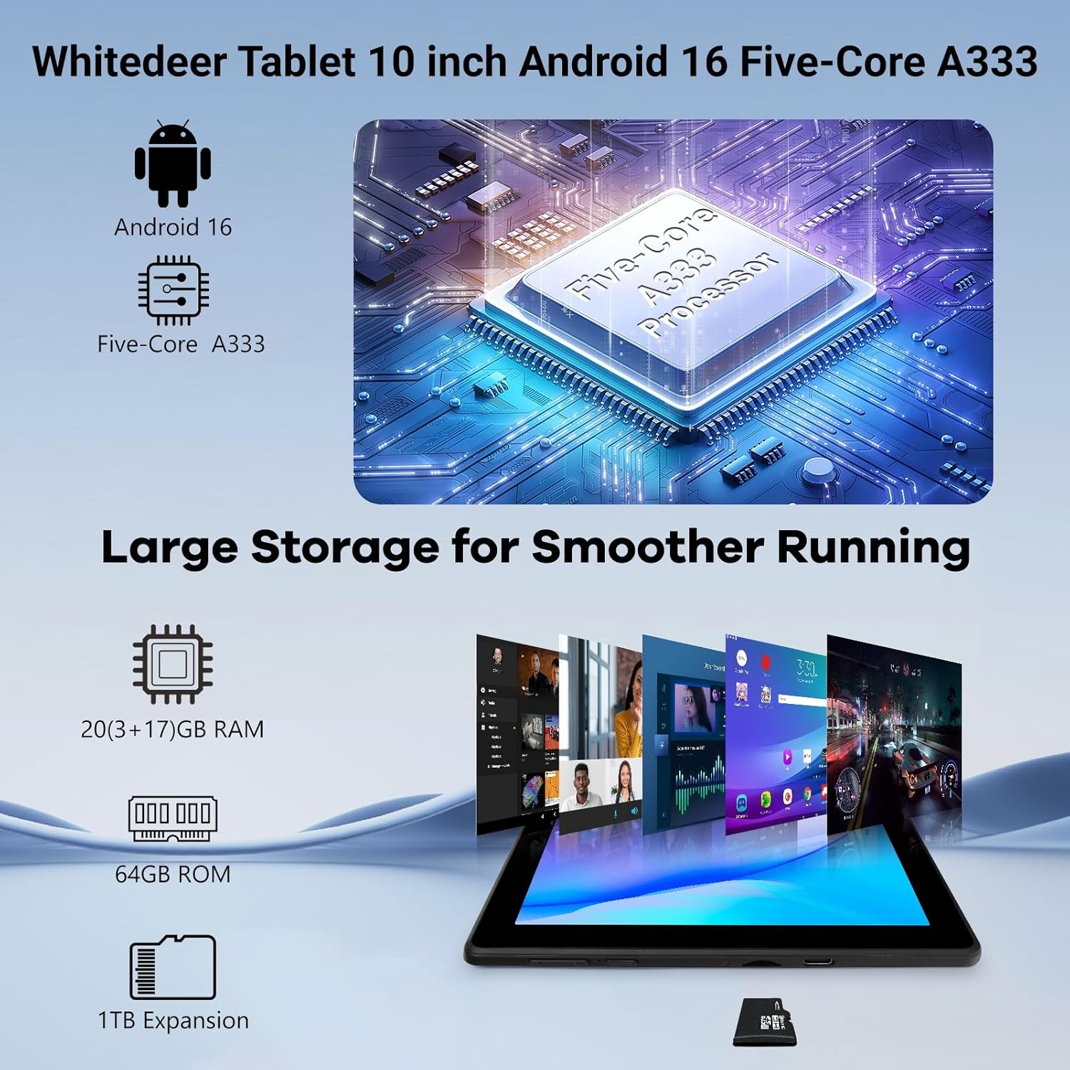 Detalle 2 de Whitedeer Tablet 10 pollici Android 15 Octa-Core con Face ID, WiFi 6 e Widevine L1 (Nero)