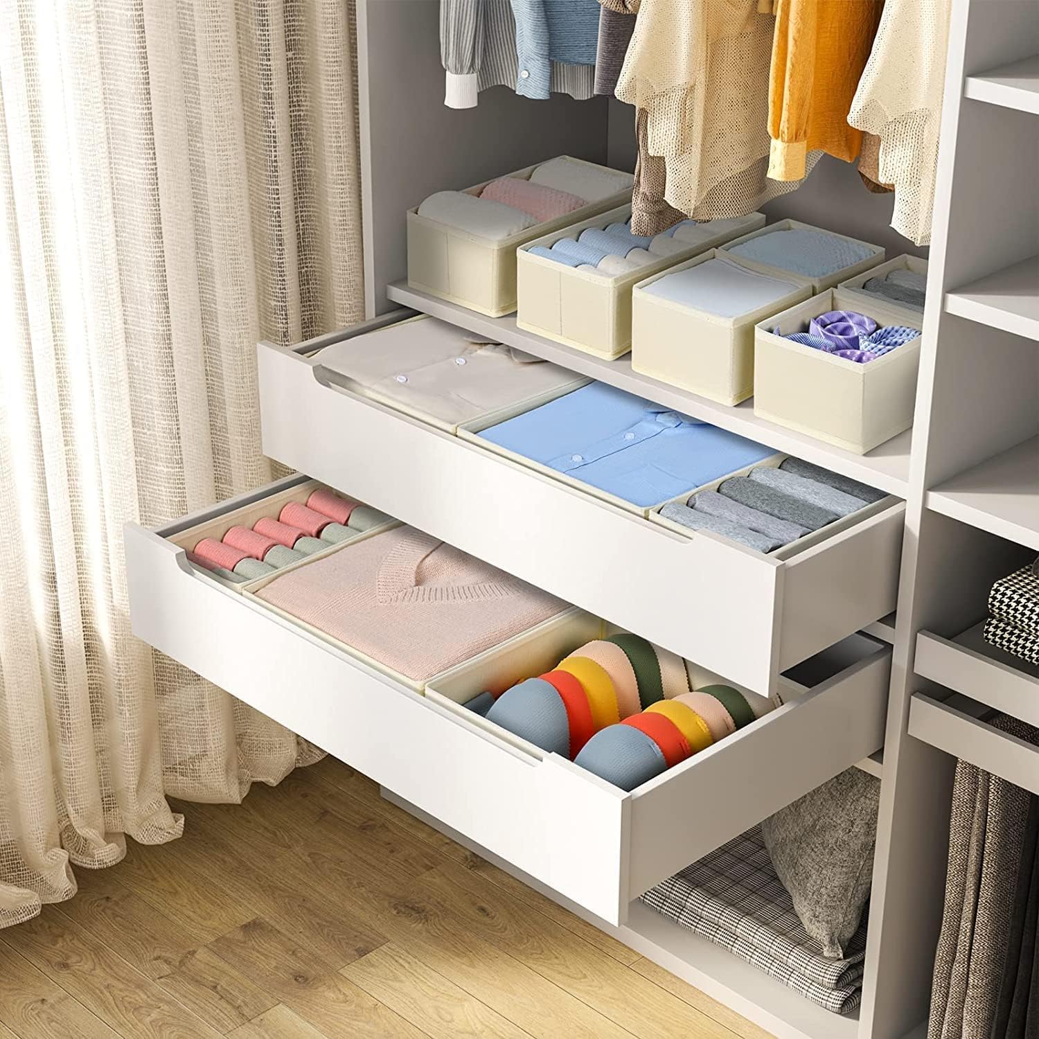 Detalle de DIMJ : organisateurs de tiroirs pliables (12 pièces) avec séparateurs en non-tissé, beige