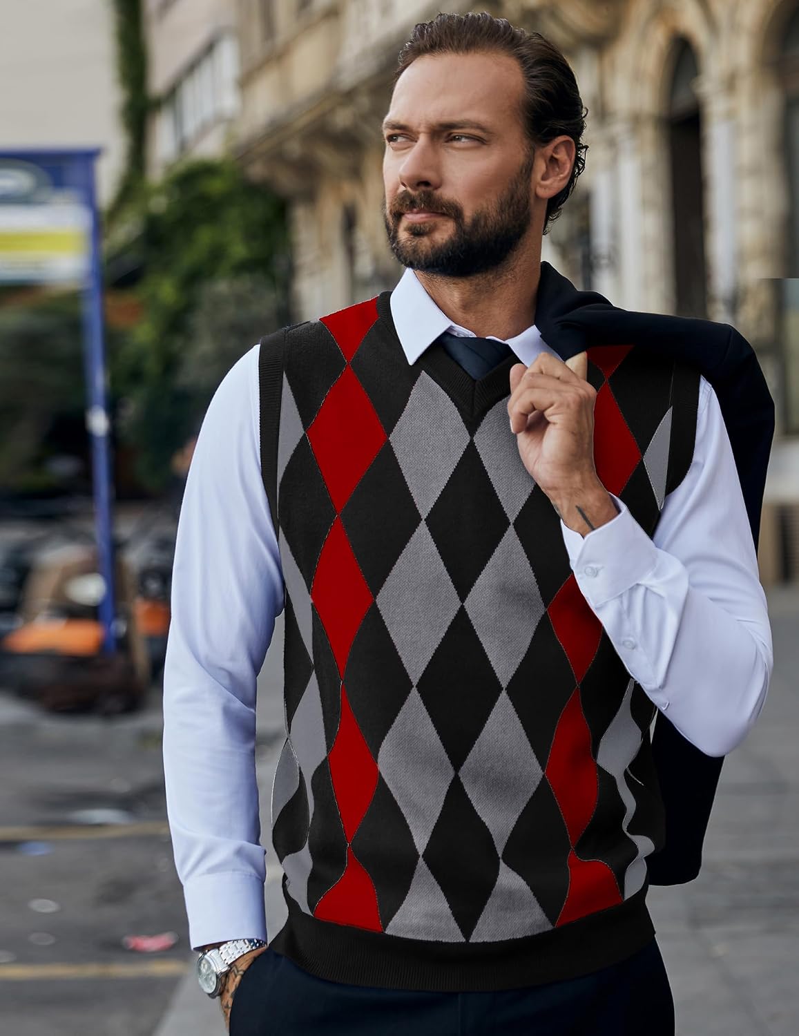 Detalle 2 de COOFANDY Men's Argyle Sweater Vest, Slim Fit V-Neck Knit