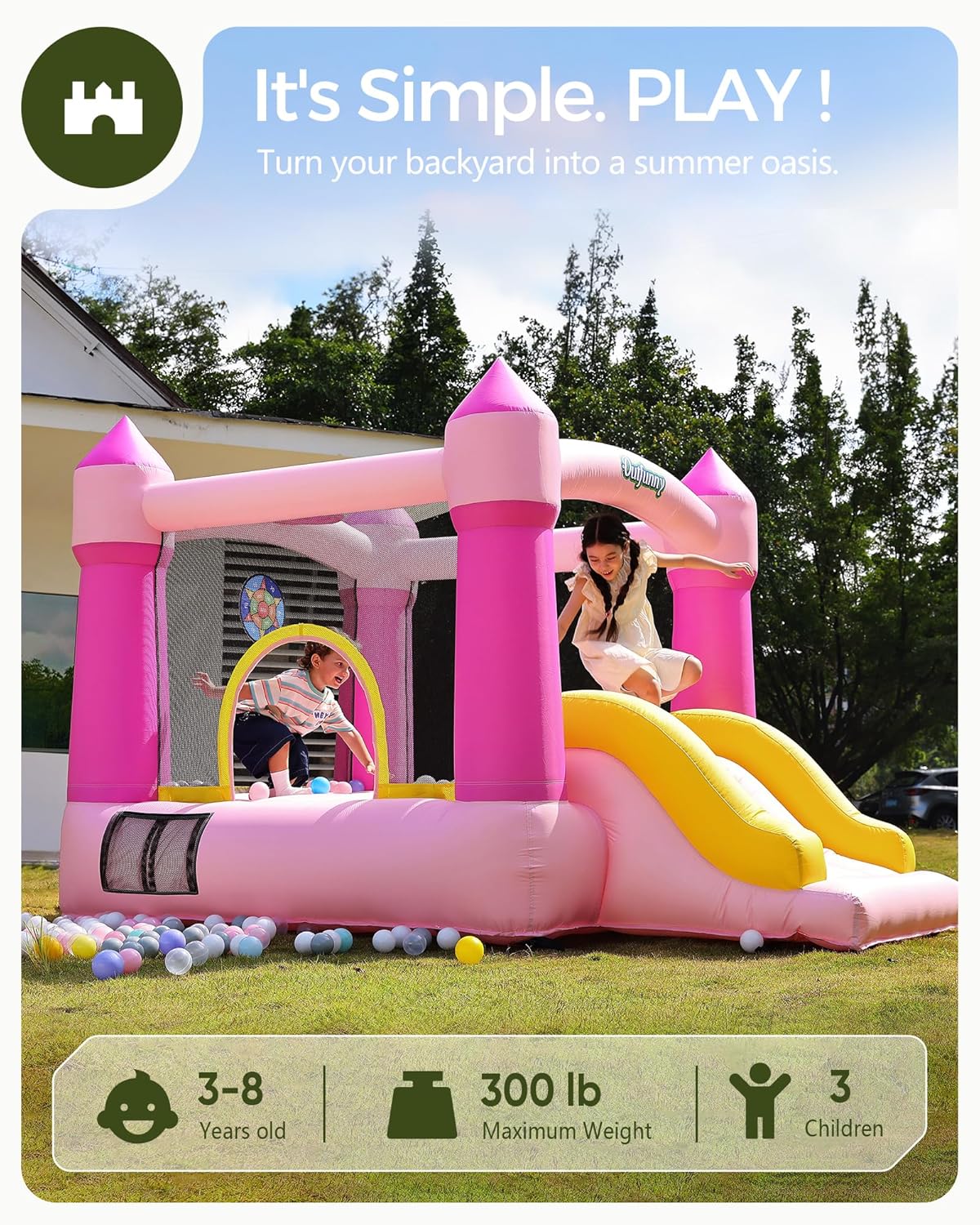 Thumbnail 1 de Outfunny Indoor Bounce House with Slide (Pink) – 6'x6' 5-in-1 Kids Playground