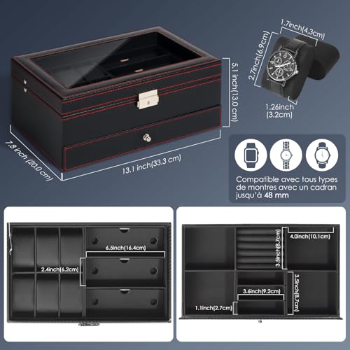 Detalle de Nestwerk Boîte à Montres Homme — Rangement 2 Niveaux avec Couvercle en Verre, 6 Emplacements et 3 Compartiments Lunettes