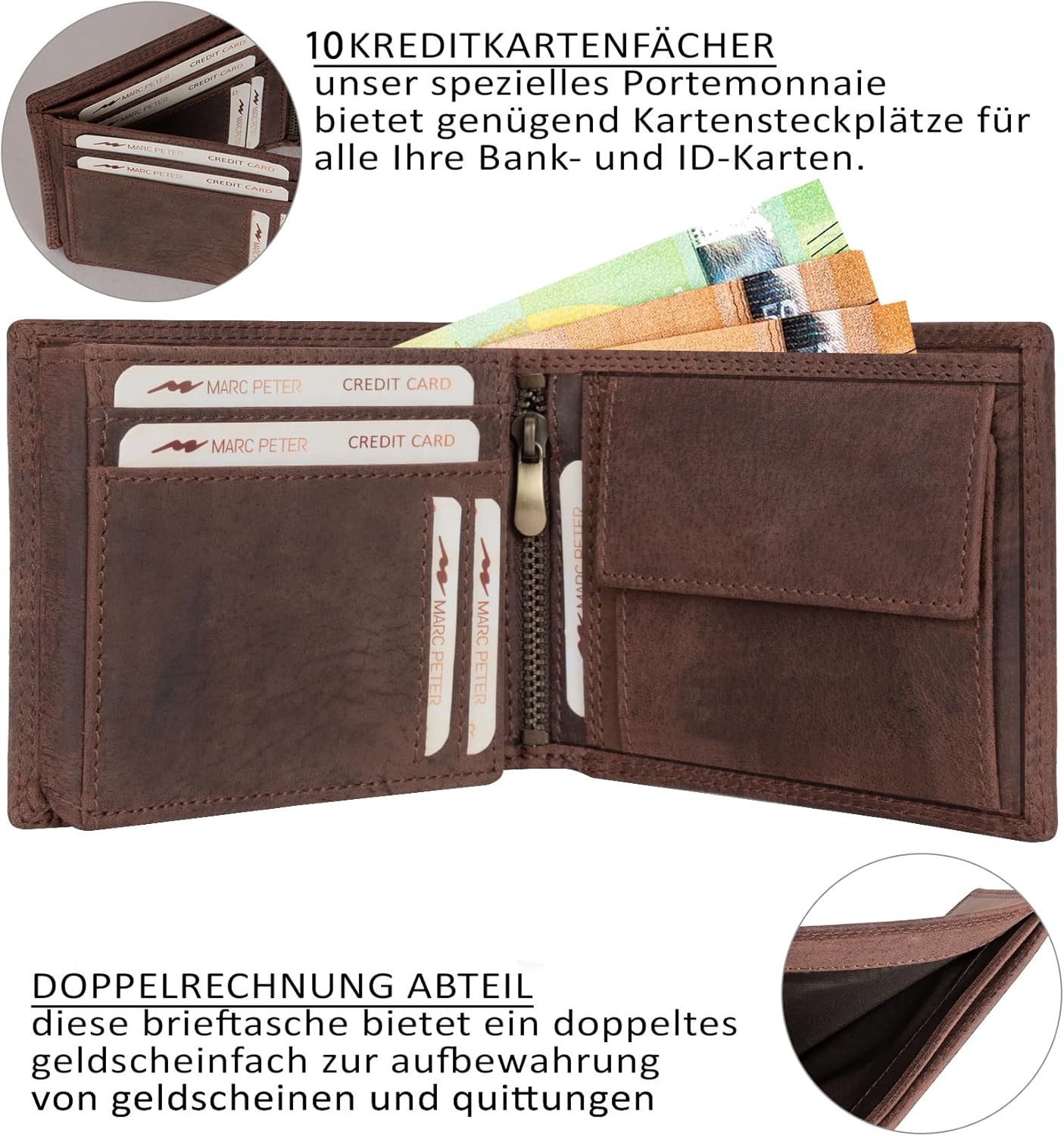 Detalle de Marc Peter® Echt-Leder Geldbörse Hanover – RFID-Schutz, 10 Fächer, Vintage Braun