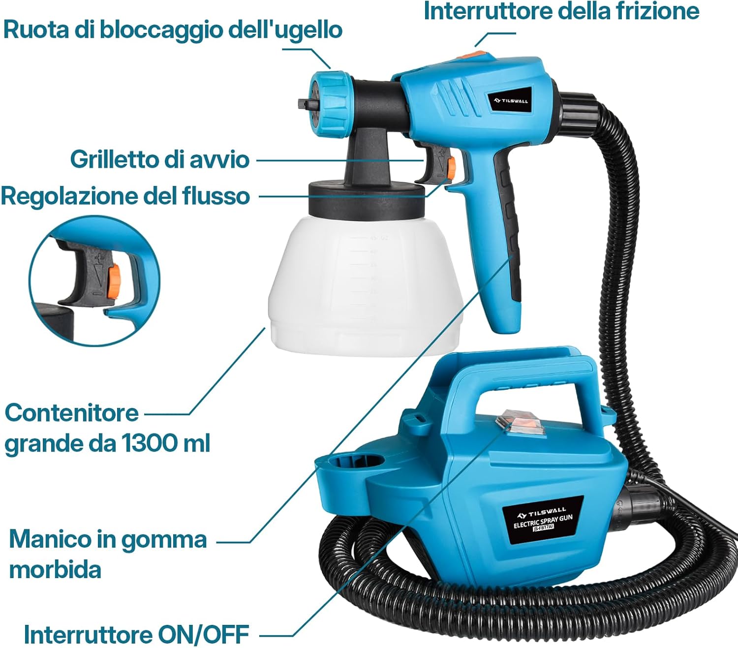 Thumbnail 5 de TILSWALL Pistola a spruzzo HVLP 800W con 3 ugelli e serbatoio 1300 ml