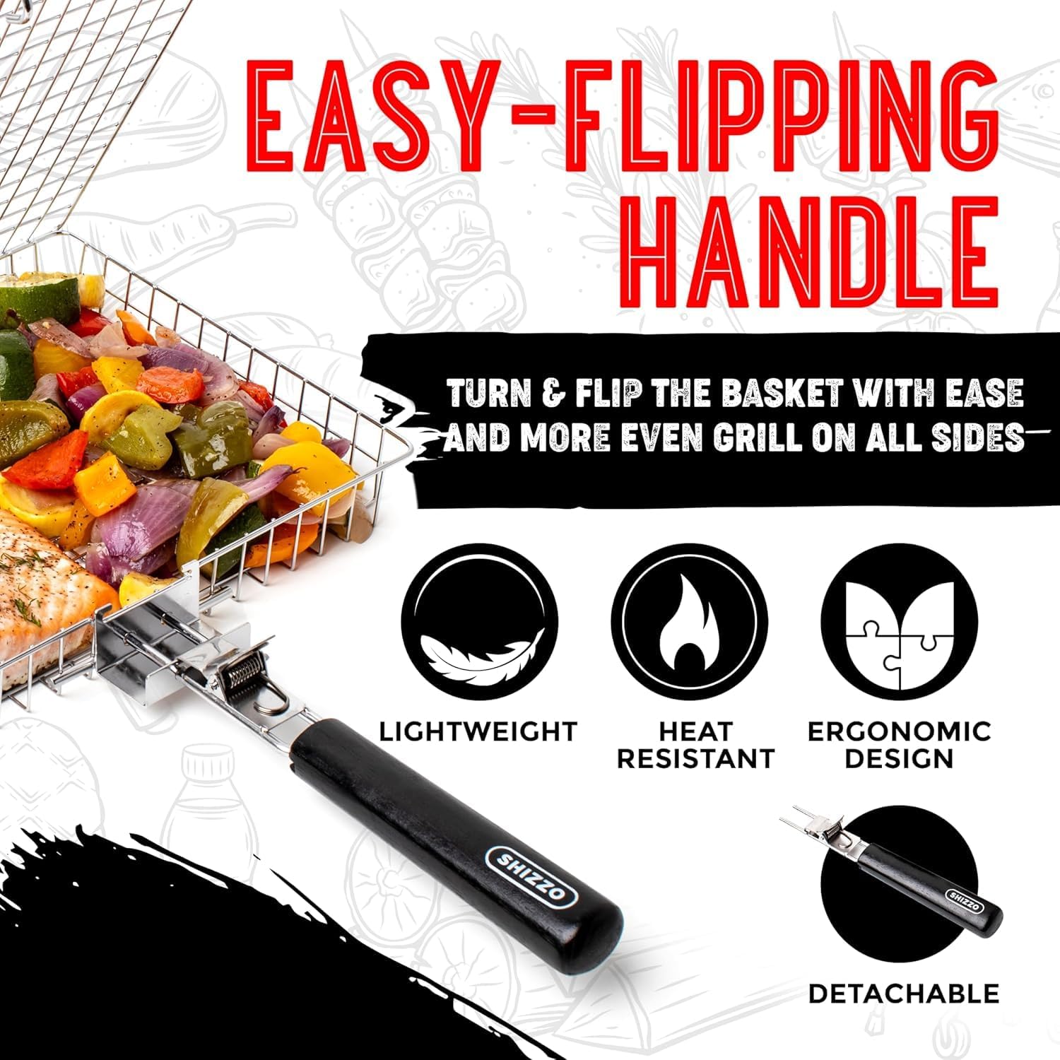 Detalle de SHIZZO EA-G5JB-V5TC Stainless Steel Grill Basket Set with Removable Handle