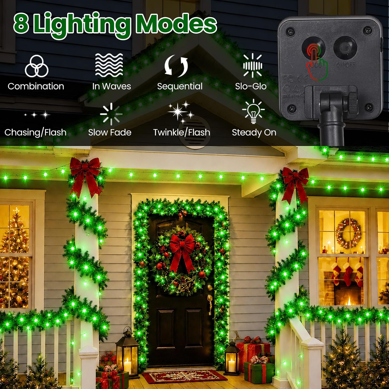 Detalle de Moettany 5GREEN-2-TYN Solar Christmas String Lights, 100 Green LEDs, 8 Modes