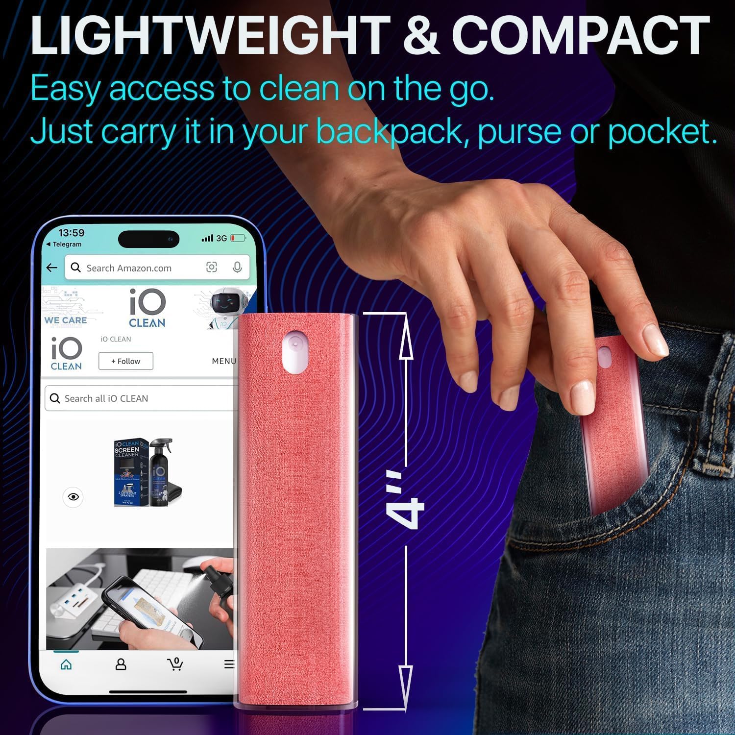 Thumbnail 3 de IO CLEAN Mini Screen Cleaner Spray (Green) – Finger Proof 3-in-1 Mist Cleaner + Microfiber Cloth & Protective Cover