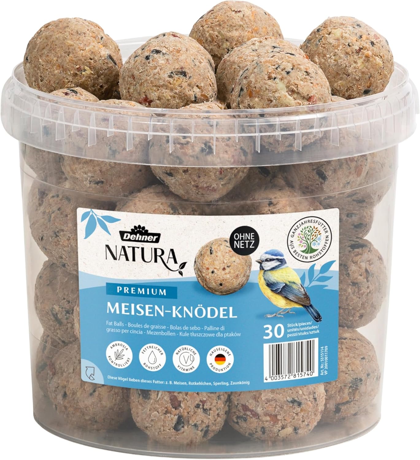 Detalle 2 de Dehner Natura Premium Mangime per uccelli selvatici – palline per cinciallegra, 2,7 kg (30 pezzi da 90 g) senza rete