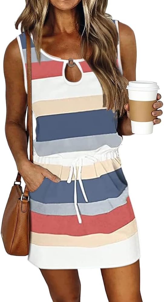 Detalle 2 de Womens Summer Casual Loose Sleeveless Crew Neck Drawstring Waist Mini Dress with Pockets