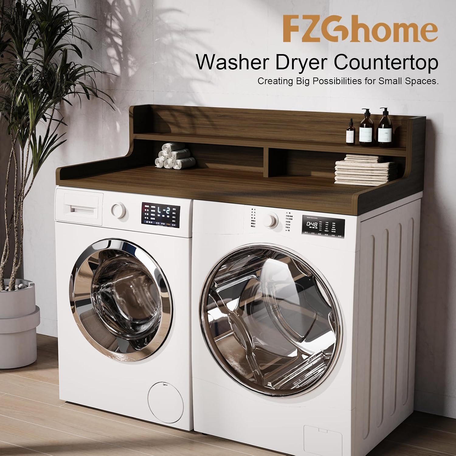 Thumbnail 6 de FZGhome 2-Tier Washer Dryer Countertop, 137.1 cm x 70 cm, Walnut Brown