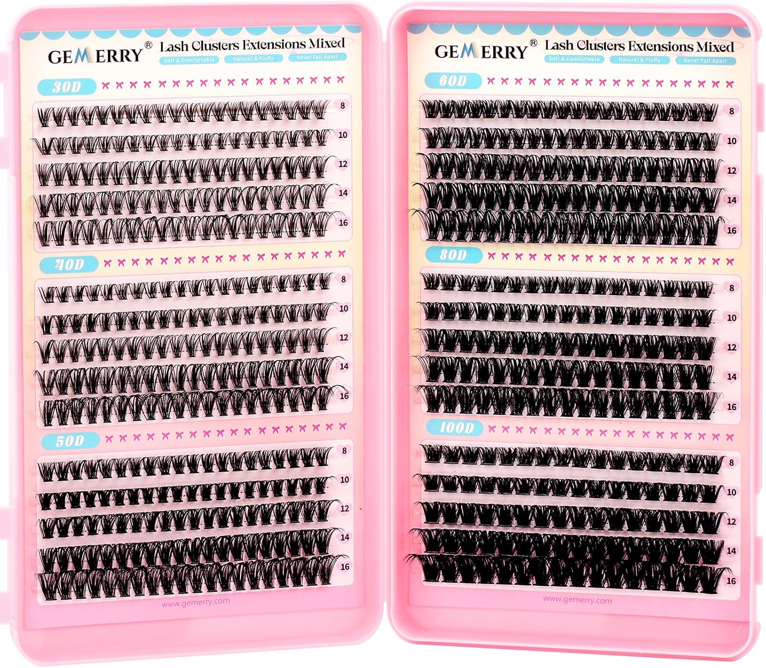 Detalle de GEMERRY Lash Clusters, 565-Piece D Curl Set, 8–16 mm Mixed Lengths