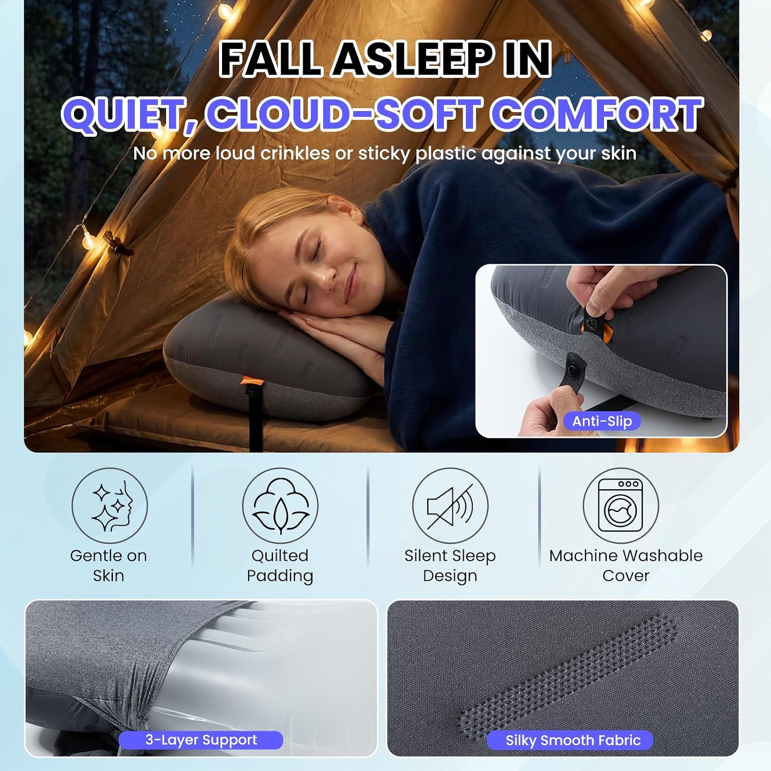 Detalle 2 de CAMPNREST Inflatable Camping Pillow, Ergonomic Air Pillow with Washable Cover