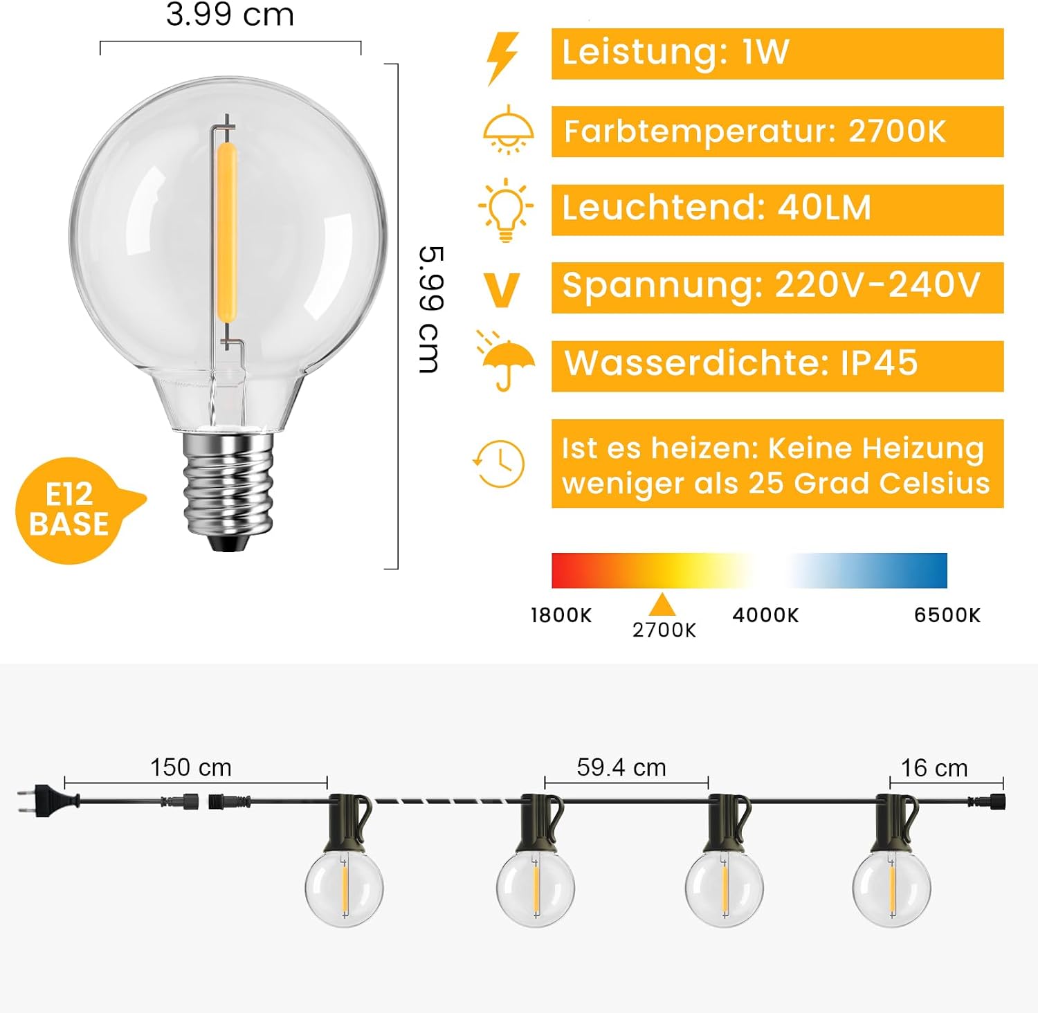 Thumbnail 1 de GLOBELIT IL-E14-1745M75T-EA0 lichtsnoer voor buiten, G40, warmwit, IP45