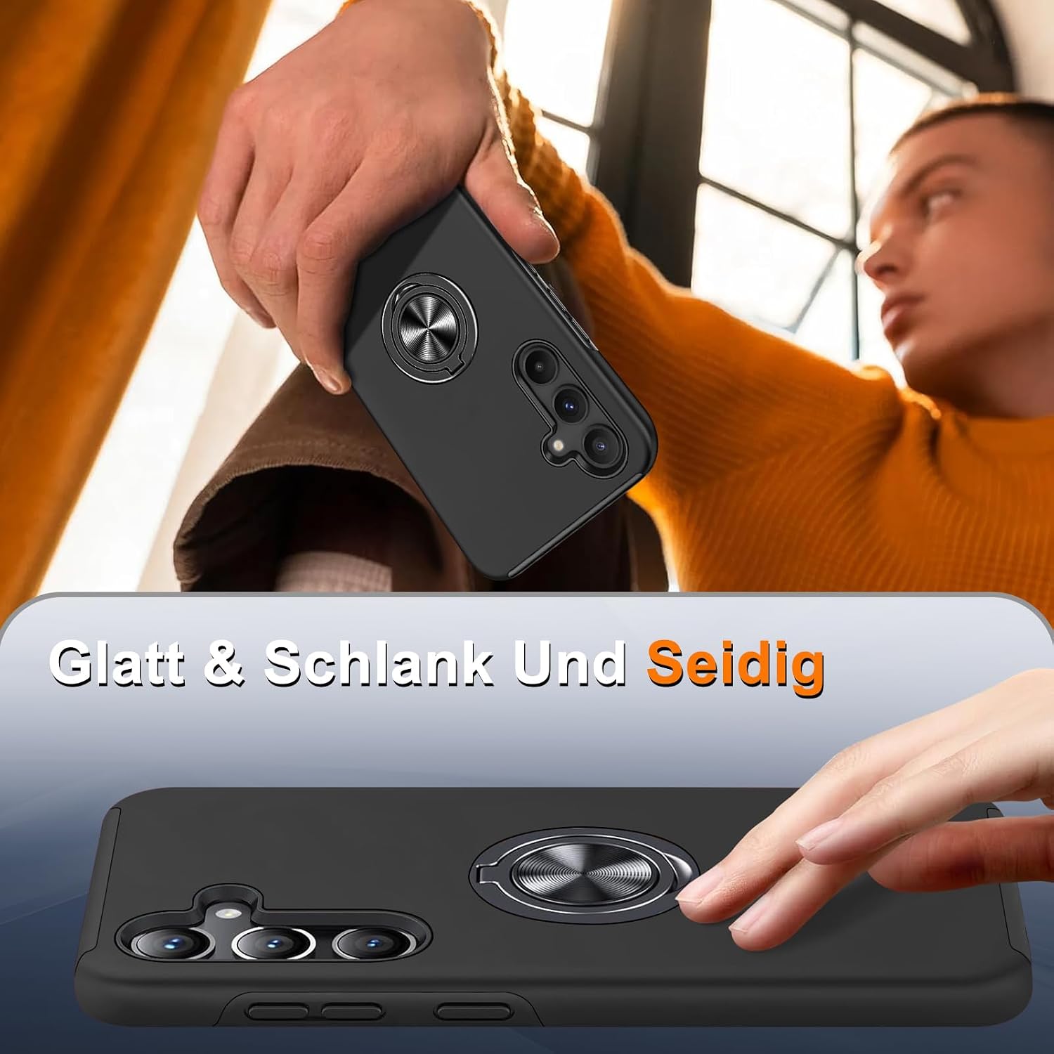 Detalle 2 de Vaki Handyhülle für Samsung Galaxy A54 5G mit Ringständer – Schutzfolie inklusive, Schwarz