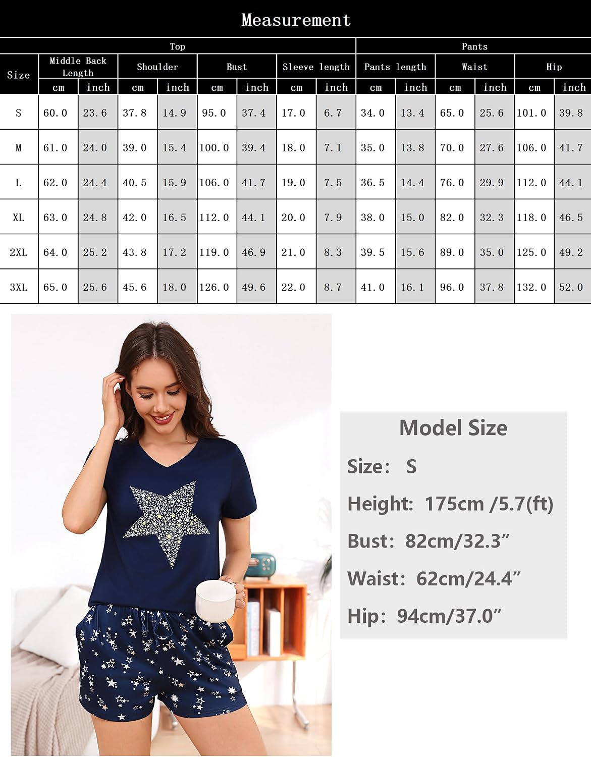 Thumbnail 5 de Pyjama femme Litherday été en coton, manches courtes col en V et short imprimé étoiles