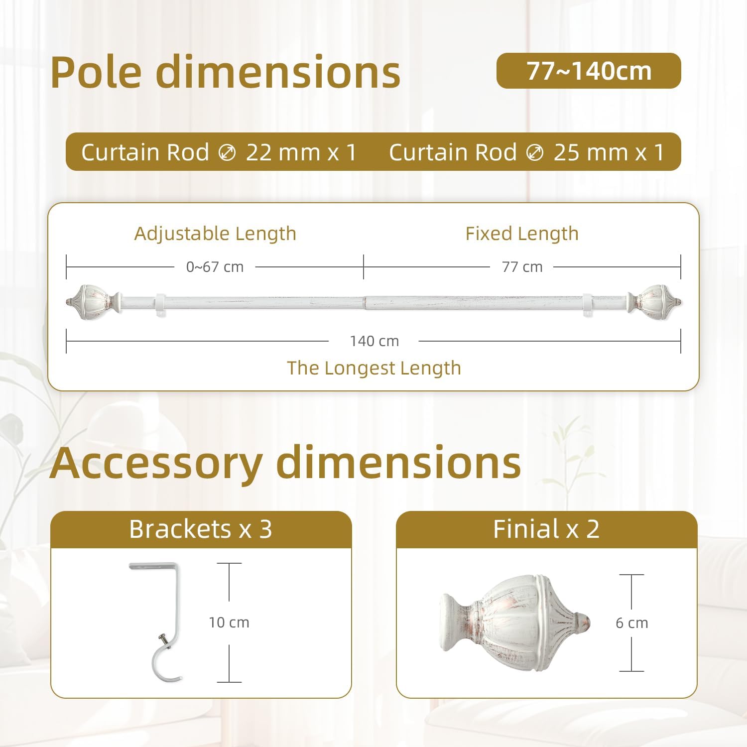 Detalle de Curtain Poles 25mm White seamless extendable rod, 70–120 cm