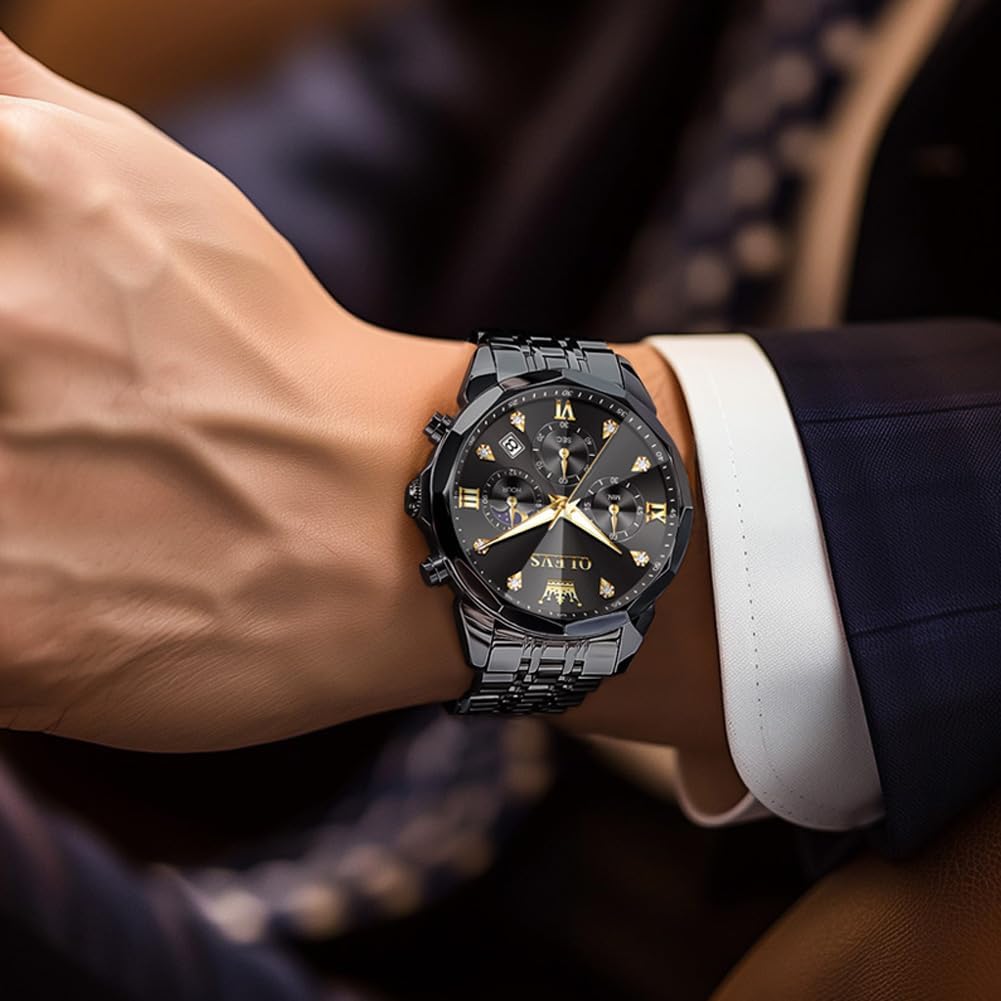 Detalle de OLEVS Herren Quarz Business-Uhr mit Chronograph, Mondphase & Datum – wasserdicht, Edelstahl