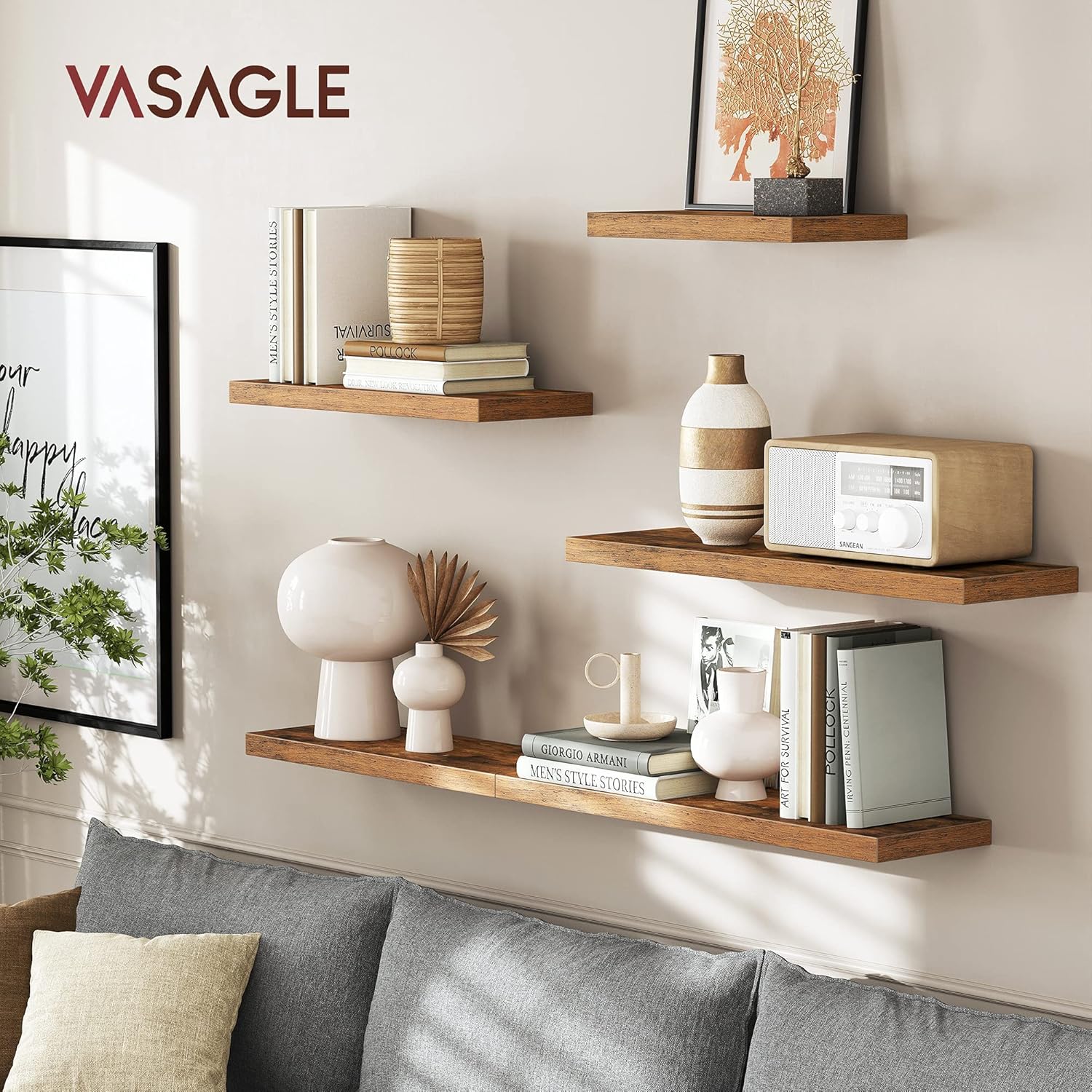 Detalle de VASAGLE Wall Shelf, Floating Shelf 20 x 40 x 3.8 cm in Rustic Brown (LWS24BX)