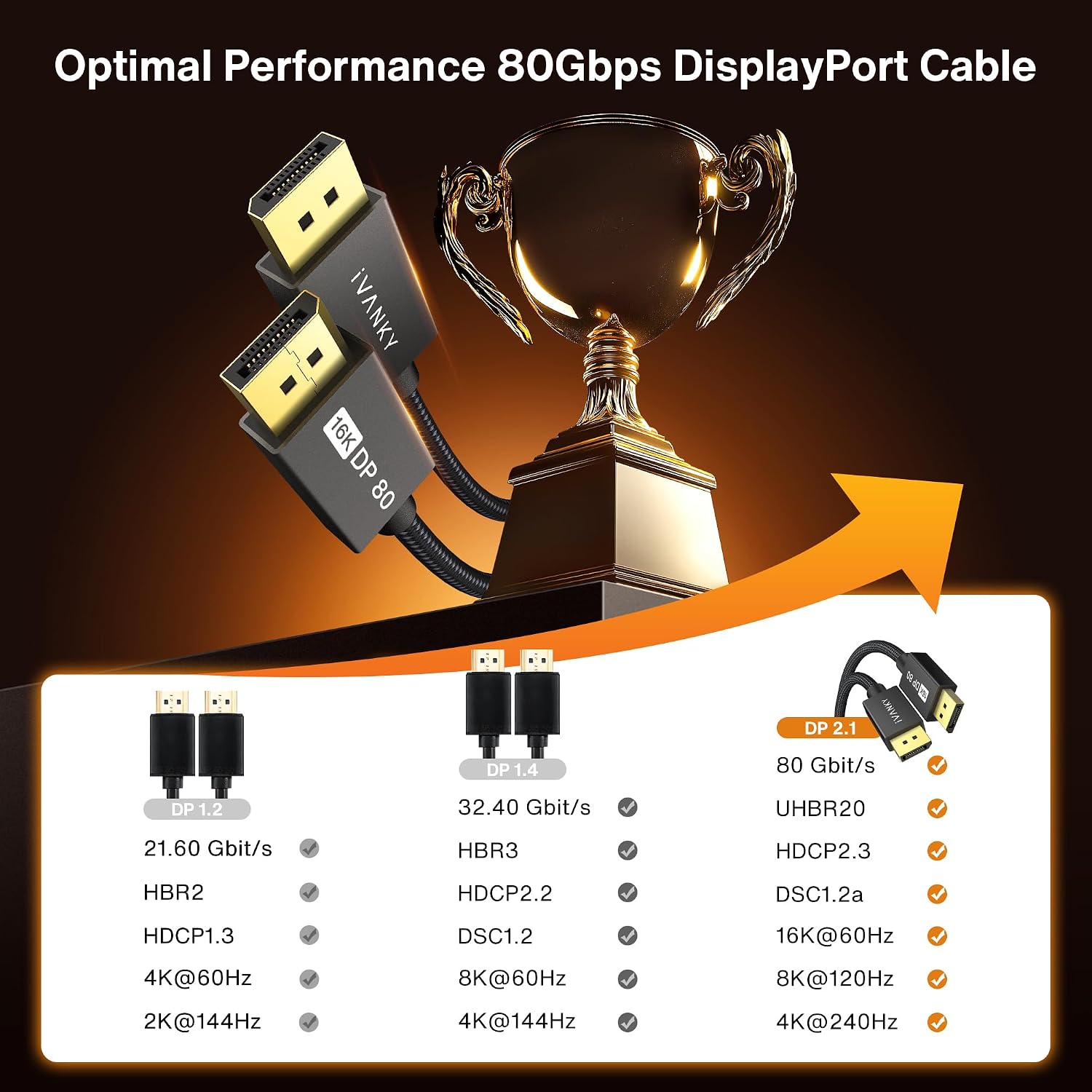 Detalle 2 de IVANKY 16K DisplayPort 2.1 Cable 10FT