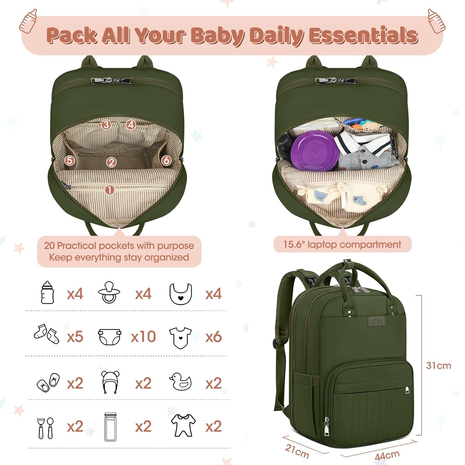 Thumbnail 4 de NEWHEY Baby Changing Bag Backpack with Portable Changing Mat – Waterproof Nappy Bag in Green