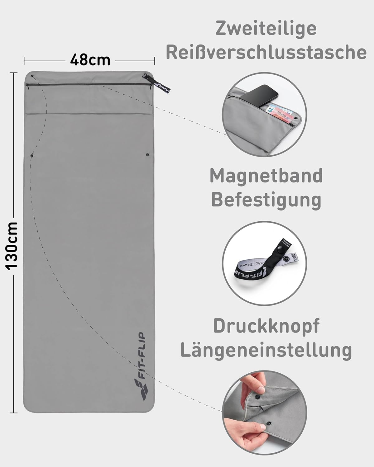 Detalle 2 de Fit-Flip Fitness Handtuch aus Mikrofaser mit Magnet-Clip und Reißverschluss-Tasche