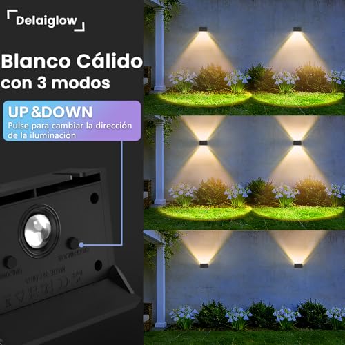 Detalle de Delaiglow Aplique Solar Exterior 6 Pack – Luz Solar LED para Paredes Arriba y Abajo, IP67, Blanco Cálido