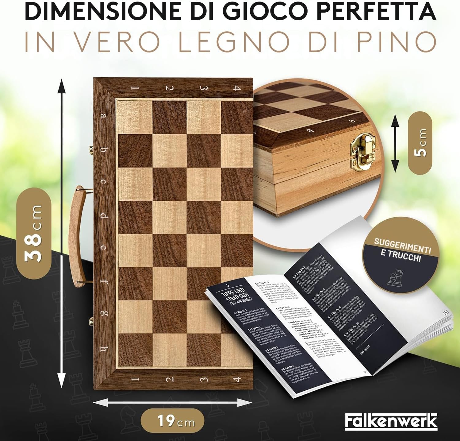 Thumbnail 1 de FALKENWERK Scacchiera magnetica in legno [38x38 cm] — artigianale, pieghevole con manico e magneti in feltro