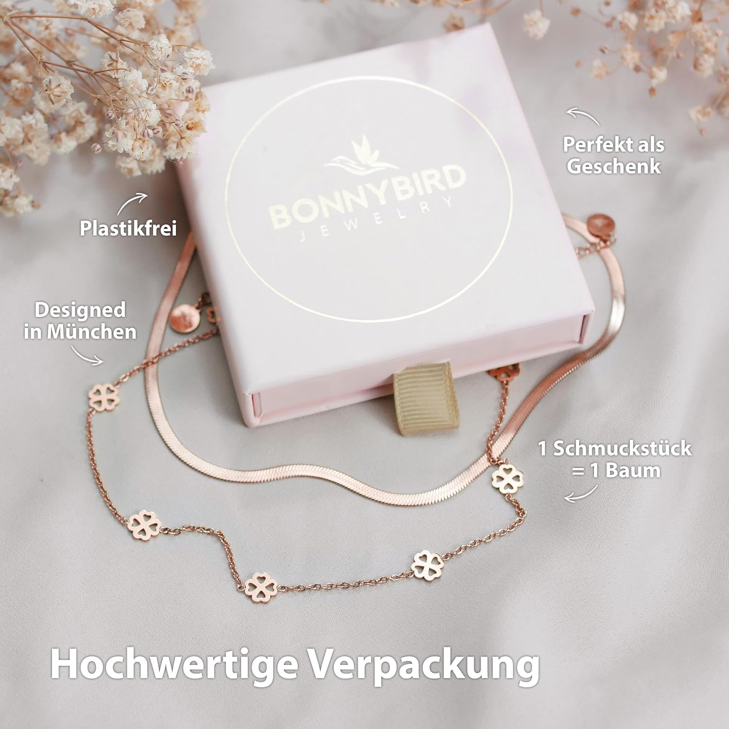 Detalle de BONNYBIRD Wasserfeste Edelstahl Halskette Damen – Kleeblatt, verstellbar 38–44 cm, Silber/Gold/Roségold