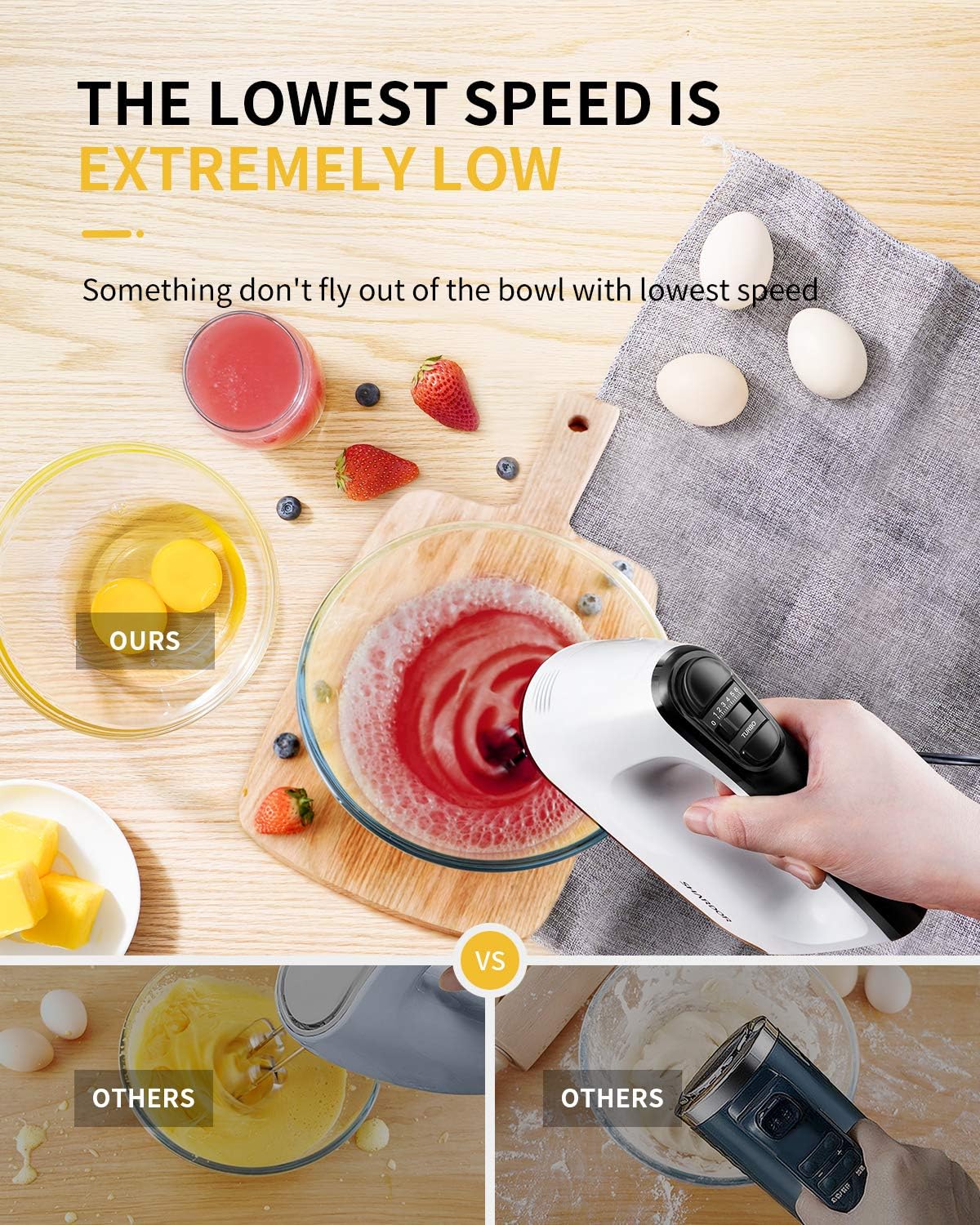 Detalle de SHARDOR Hand Mixer Electric Whisk with Anti-Splash Design, 6 Speeds & Turbo, 400W