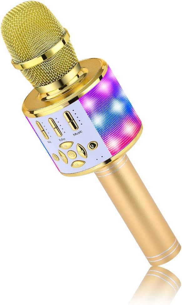 BONAOK Kabelloses Bluetooth-Mikrofon für Kinder & Karaoke (Gold) mit LED-Lichtern