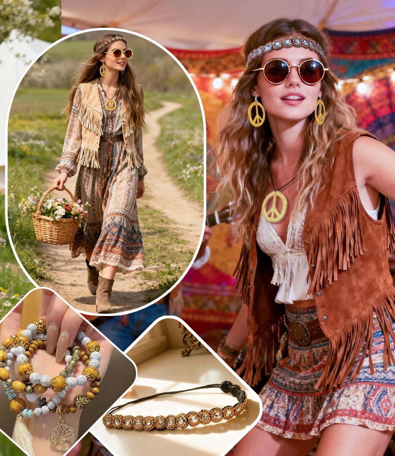 Detalle 1 de Kasahara hippieset för kvinnor med pannband, fredssymboler och solglasögon