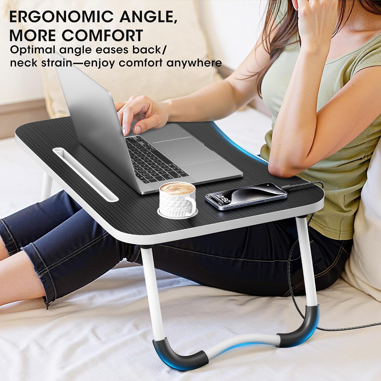 Thumbnail 3 de Frpufi LD005 Folding Lap Desk, 23.6-Inch Wood Bed Table with Cup Holder
