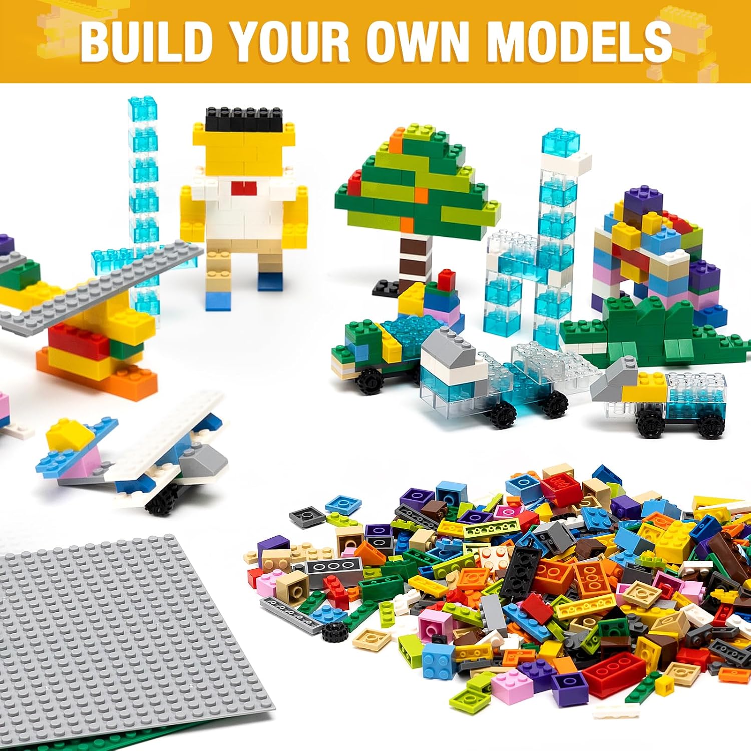 Thumbnail 3 de MANNIDOO 1600-Piece Building Bricks Set with 2 Packs Sticky Plate Base and Wheel Accessory (18 Shapes, 16 Colors)