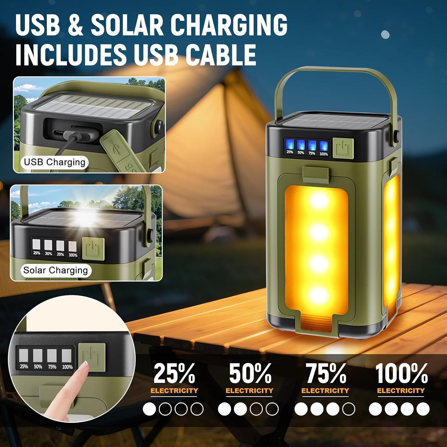 Detalle de Solar Camping Lights Rechargeable 2000 mAh LED Lantern with 6 Modes