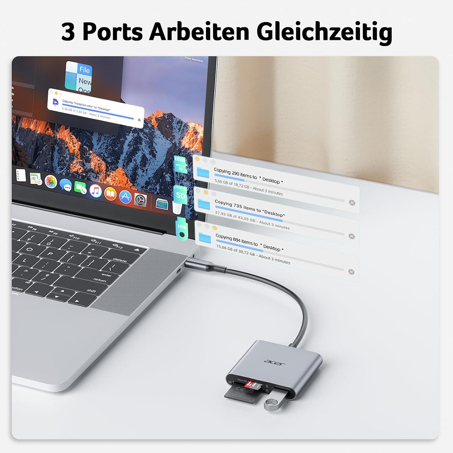 Detalle de acer USB-C SD Kartenleser mit Typ-A 3.0 – Aluminium, Zwei Karten, USB-C OTG