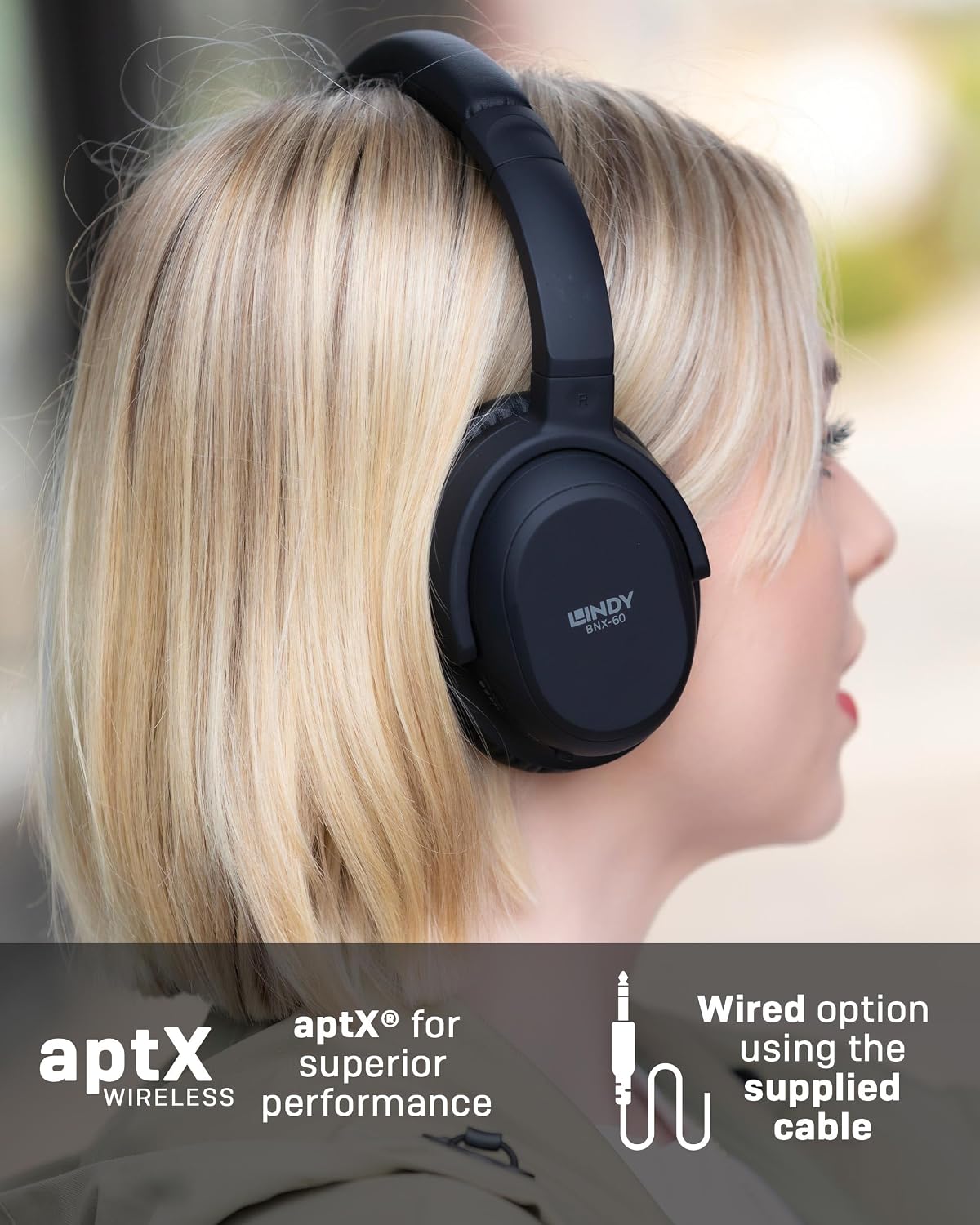 Detalle de LINDY BNX-60 Wireless ANC Headphones (Matt Black) with aptX
