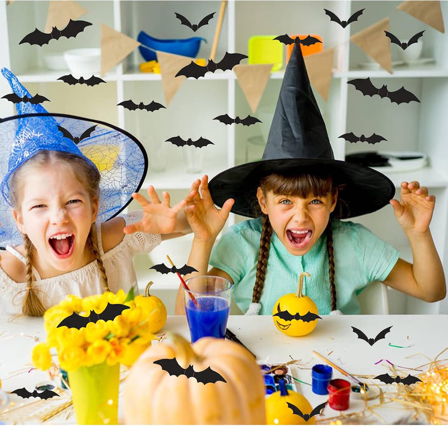 Detalle de Hzuooii Halloween Witch Hat Decorations, 12 Hats and 24 3D Bat Stickers