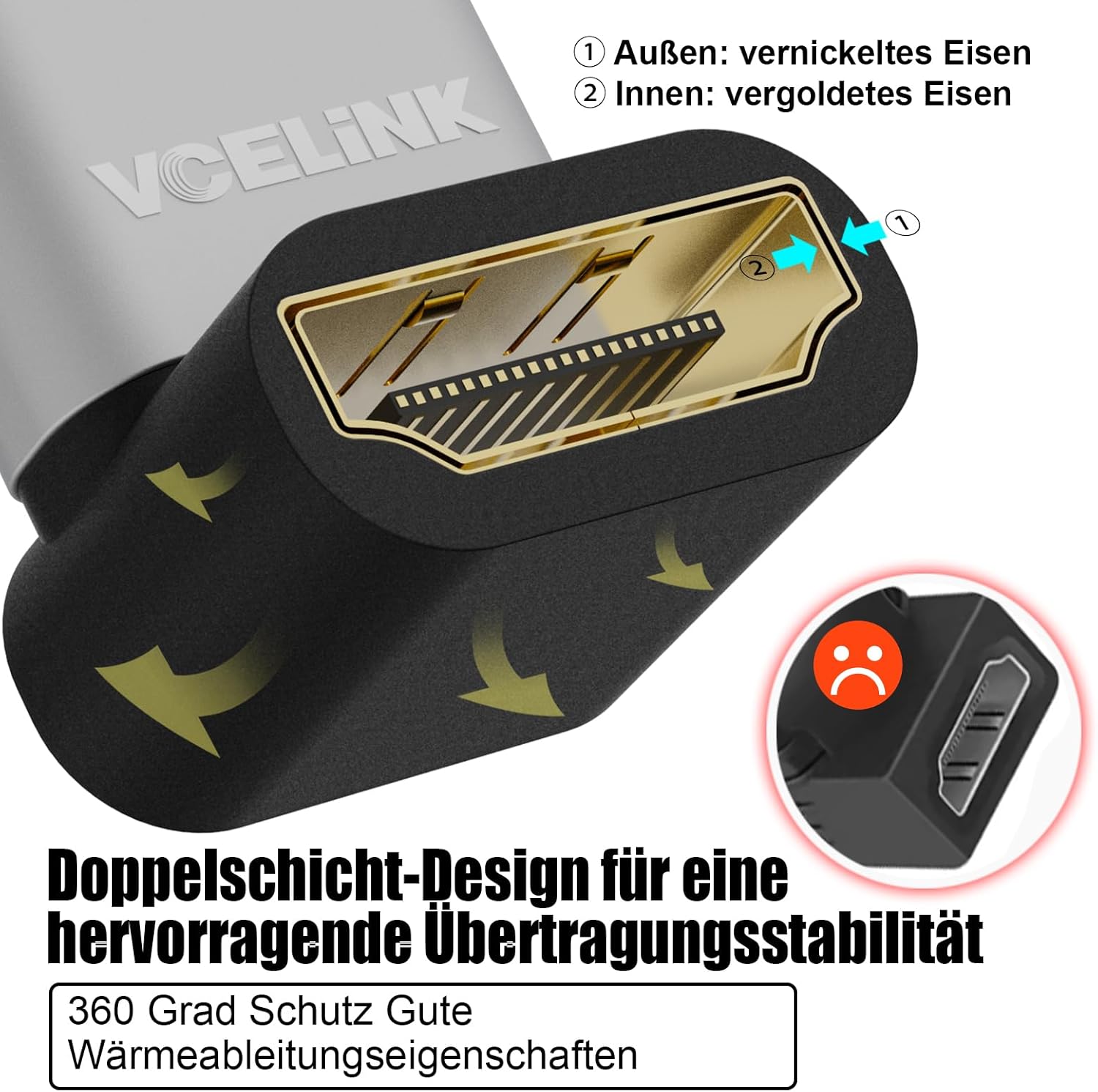 Thumbnail 4 de VCELINK 8K HDMI-Winkelstecker-Adapter (HDMI 2.1) mit 90°/270°, 8K@60Hz & 4K@120Hz, HDR/VRR/eARC – 2 Stück