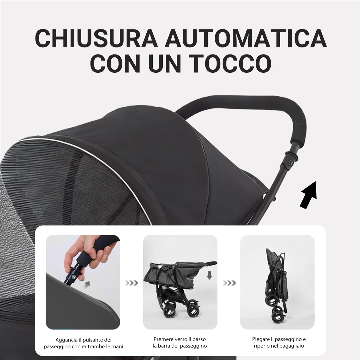 Detalle de Sunny Sonny Passeggino pieghevole per animali domestici con copertura antipioggia e cestino — fino a 15 kg